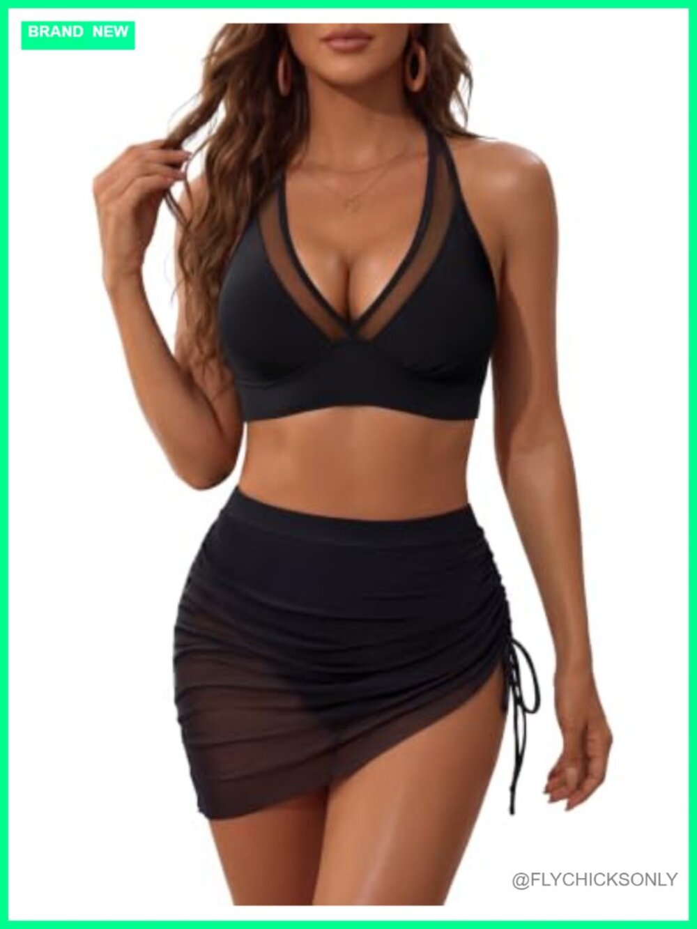 Women High Waisted Tummy Control Mesh Swim Skirt Bikini Set
